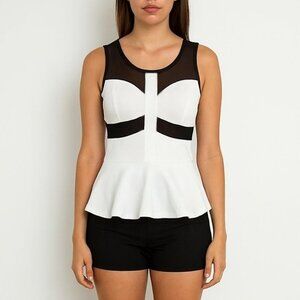 Soft White Peplum ‎ Black Mesh Sleeveless Top